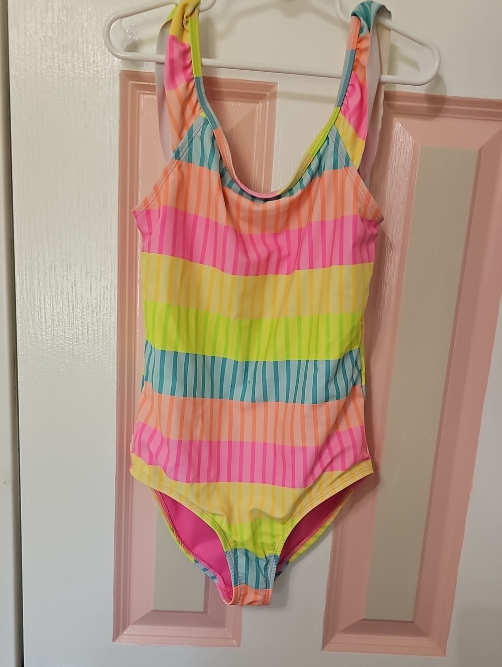 Girls Size 10 Colorful Neon Stripe One-Piece Swimsuit